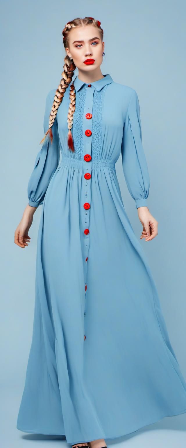 Blonde and pretty girl with braids and blue long dress with red buttons ...