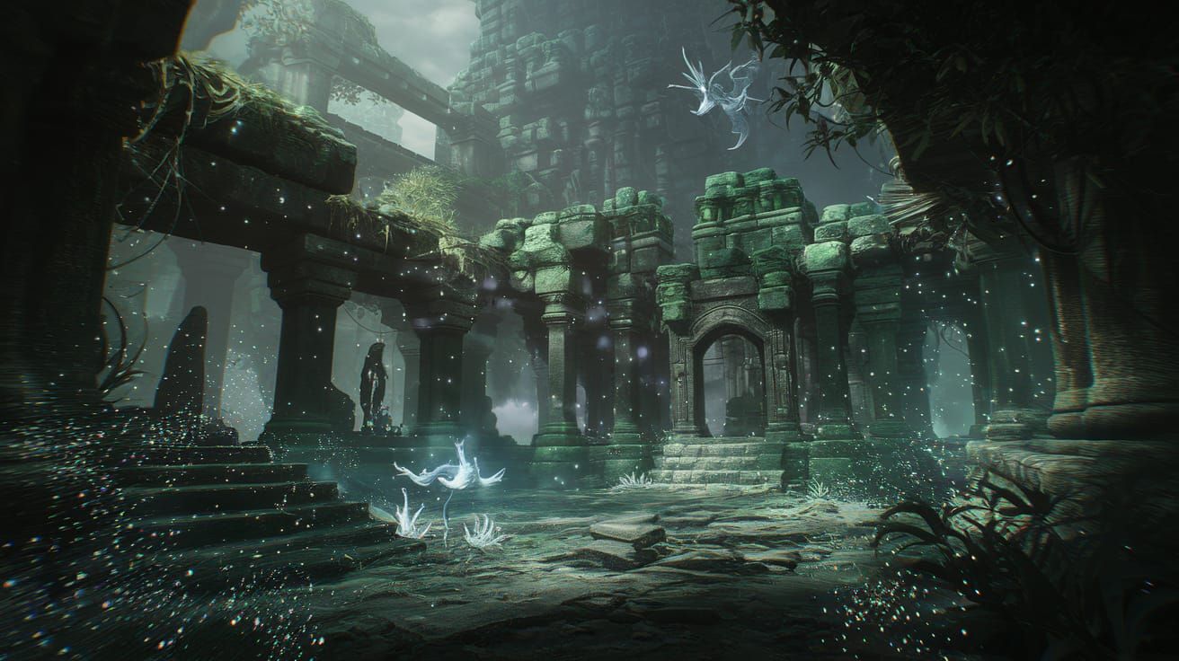An ancient, overgrown temple complex submerged in a bioluminescent jungle, with glowing flora illuminating the crumbling stone structures. S...