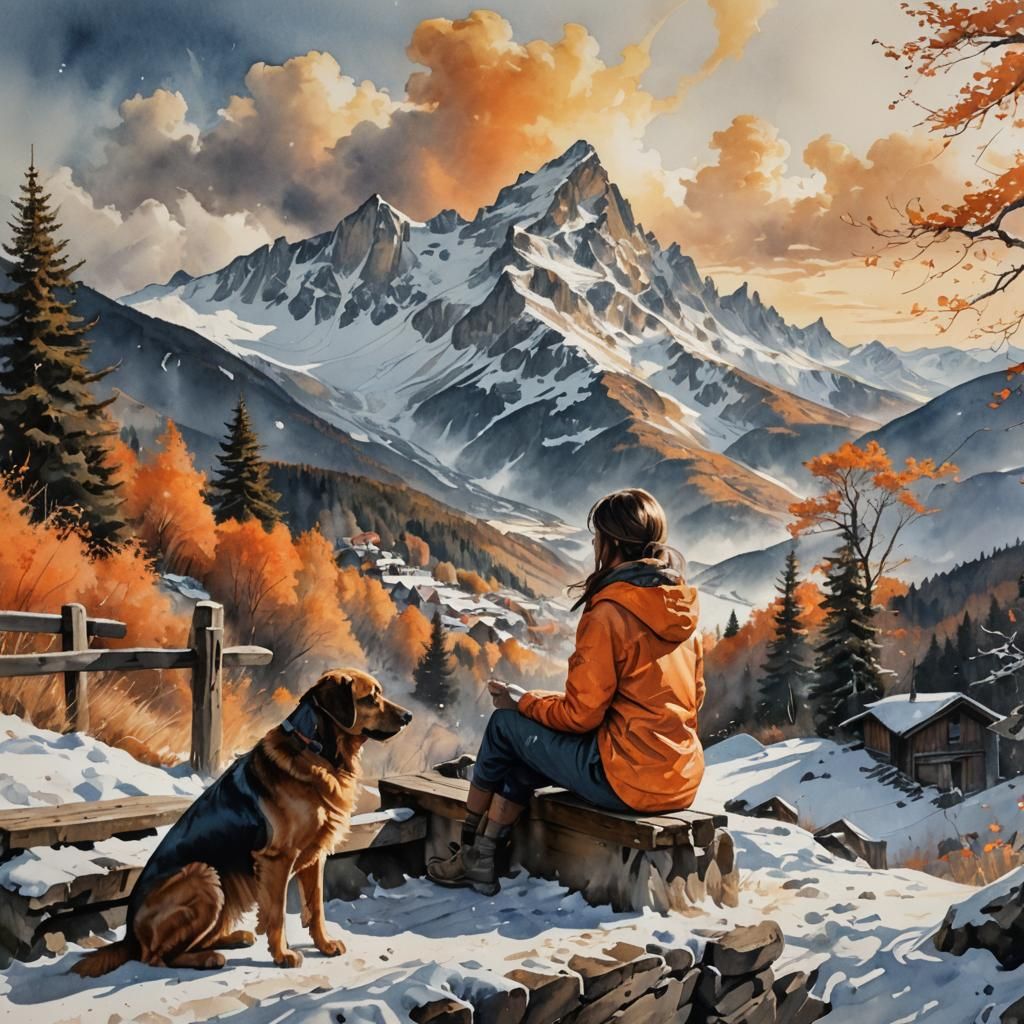 un beau chalet en montagne, une jeune femme est assise sur un vieux banc avec son chien. Derrière se ...  by @carmen