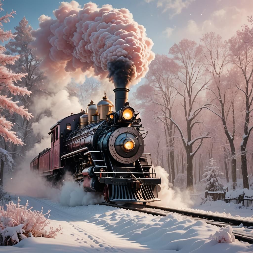 Vintage Steam Engine in Snow, Digital Art