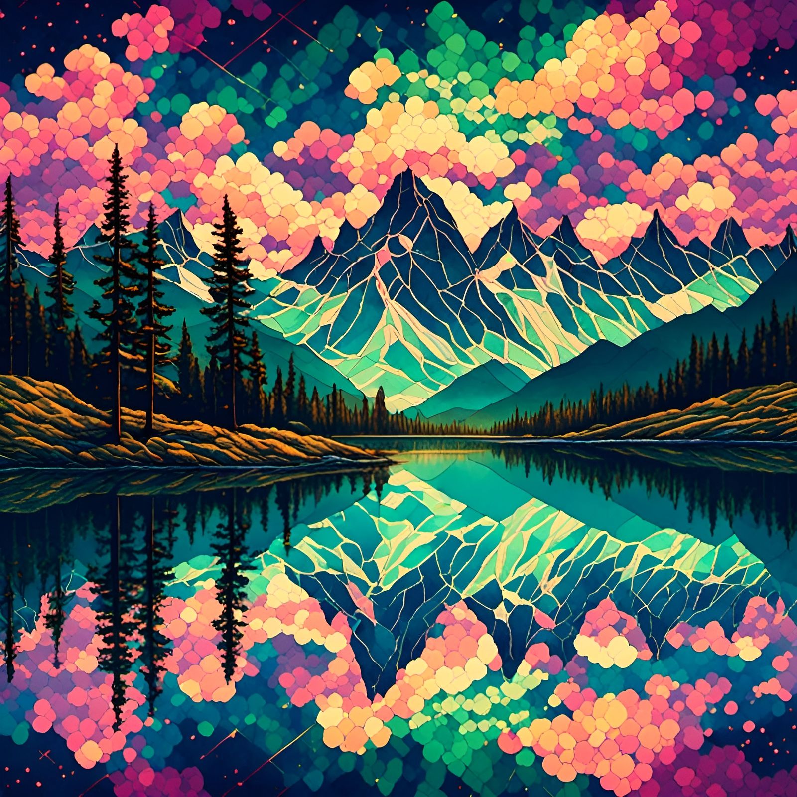 <lora:sheesh:1.0> | lake-reflecting | exploding-clouds | northern-lights | mountain-landscape-with-geometric-textures