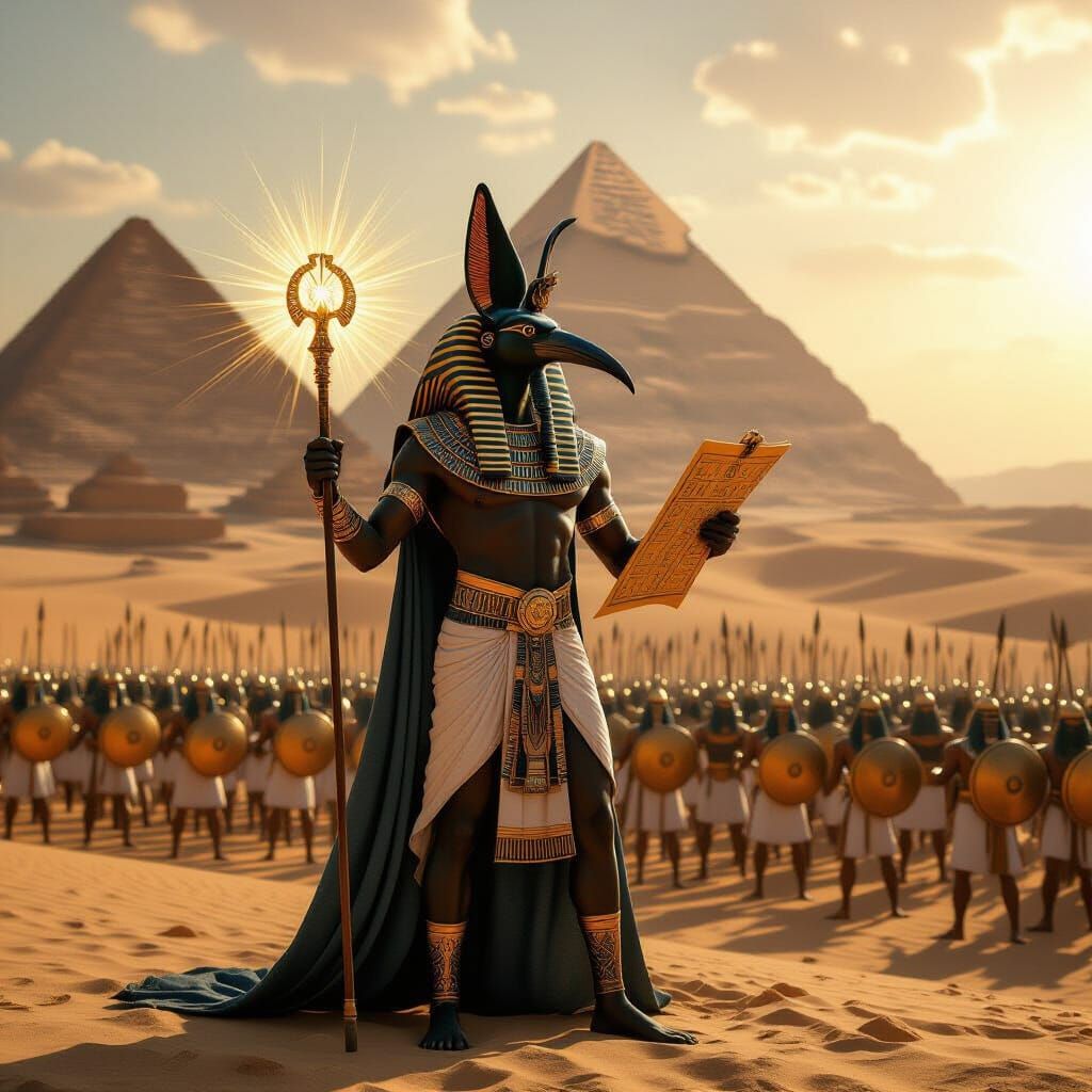 The Egyptian god Thoth, depicted with the head of an ibis, radiating divine authority, stands in his full might at the forefront of a vast, ...