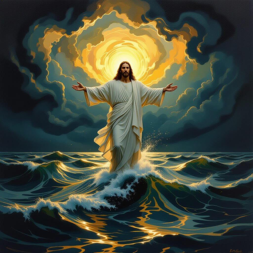 Surreal symbolic scene of Jesus on a stormy sea, wind shown as dark swirling shapes, Jesus’ command sending ripples of light that silence th...