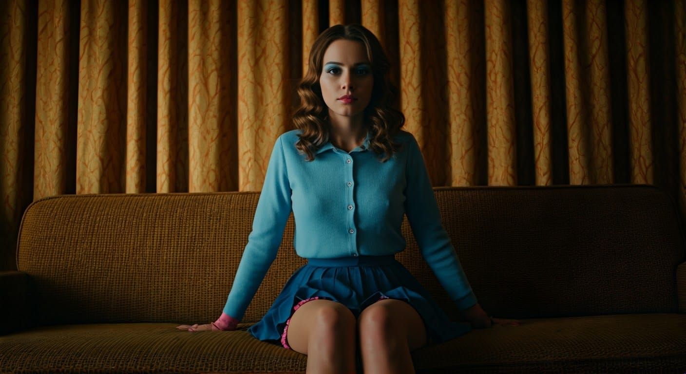 Confident Woman in Retro Living Room, Cinematic Style