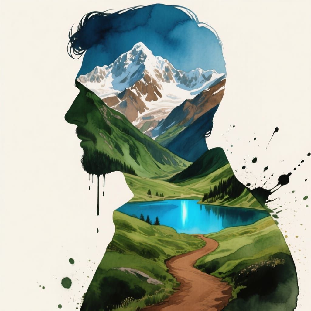 Man and Mountain Landscape in Watercolor Style