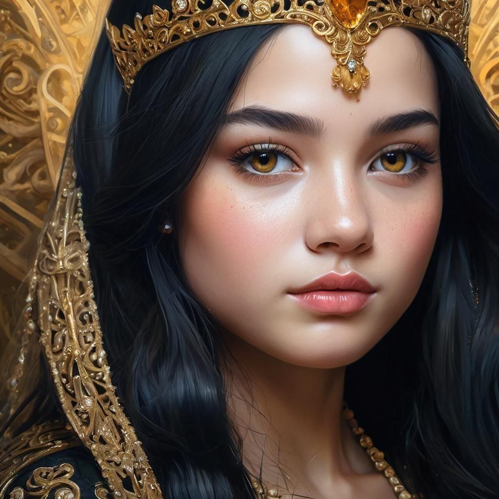  portrait of <Subject> princess portrait of <Subject>  round face dark eyes long black hair add jewelry to hair