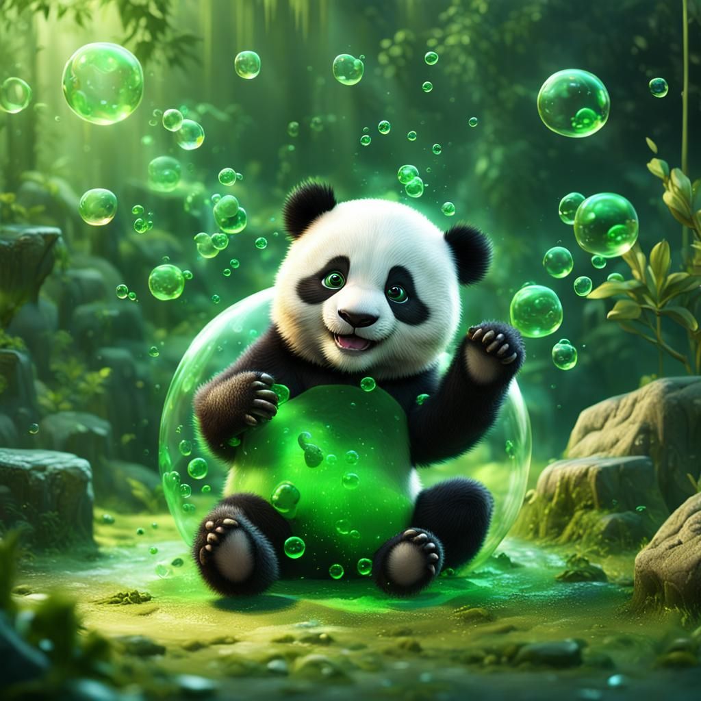 baby panda playing with green bubbles