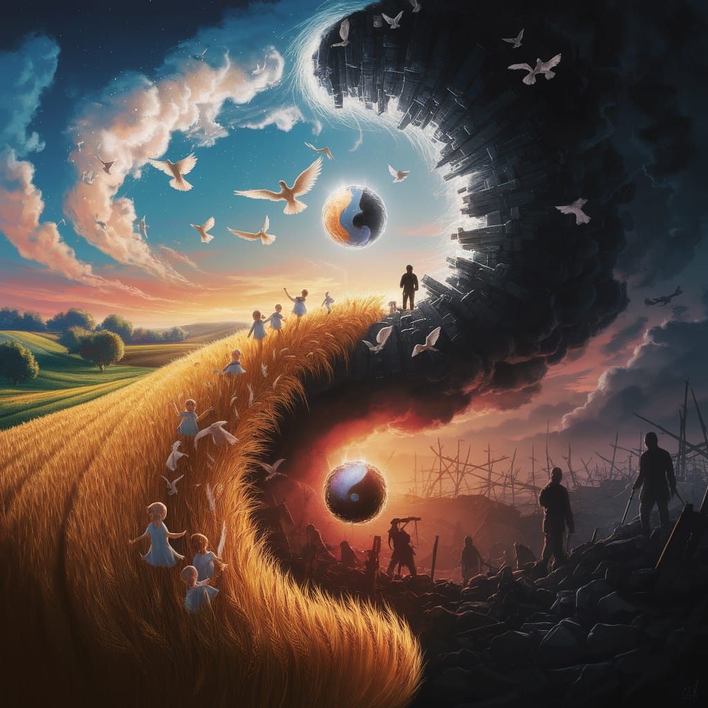 A captivating digital art piece depicts a stark yin-yang division, swirling with ethereal fantasy mist ...  by @Elviira 