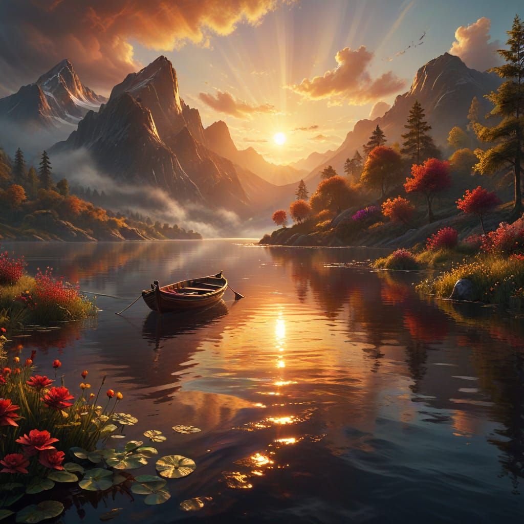 A breathtaking cinematic landscape at sunset, blending realism and fantasy. Golden sunlight pours through ...  by @MoonlitAura