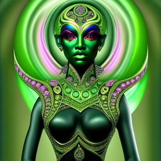 Full Body Noir painting of a beautiful Green skinned Alien W...