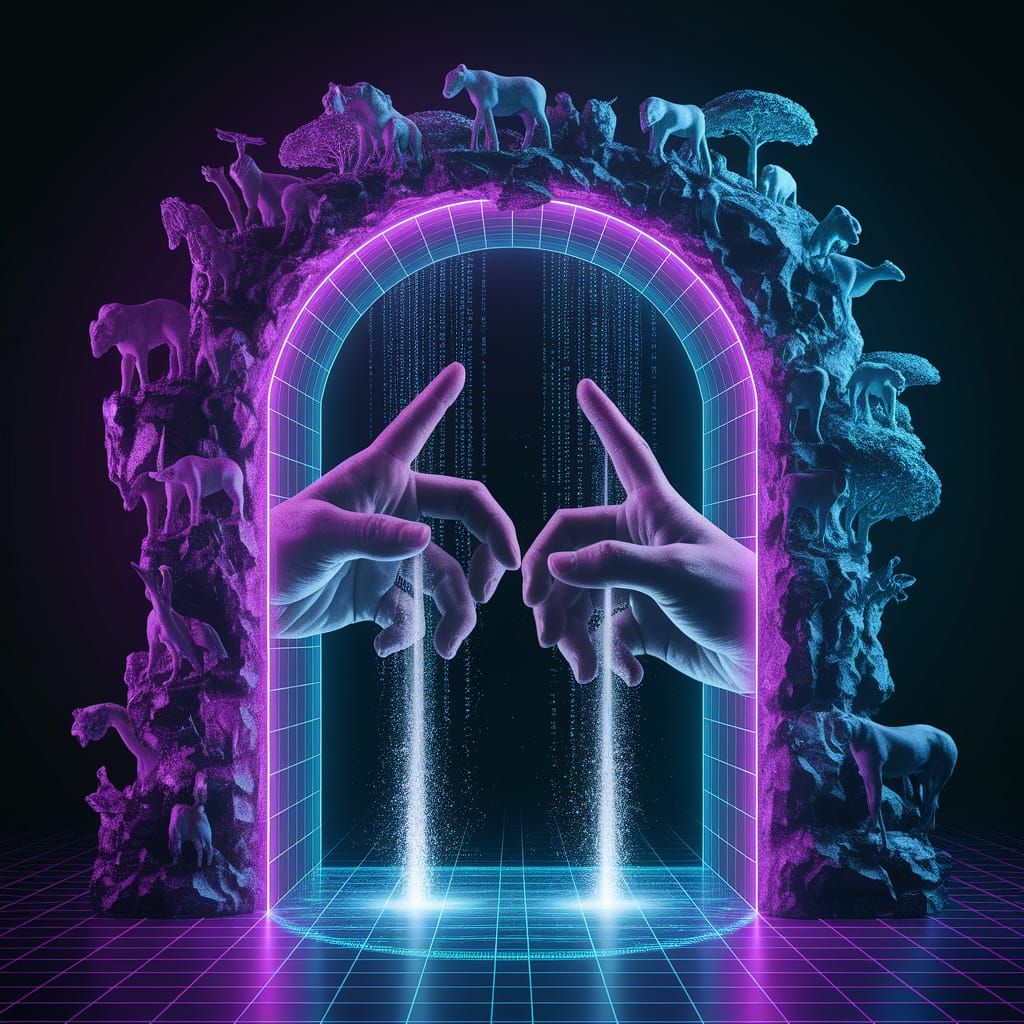 "A digital art piece depicting two giant ones and zeros hands, adorned with traditional Indian finger and thumb positioning, gently joining ... - Start Image 2