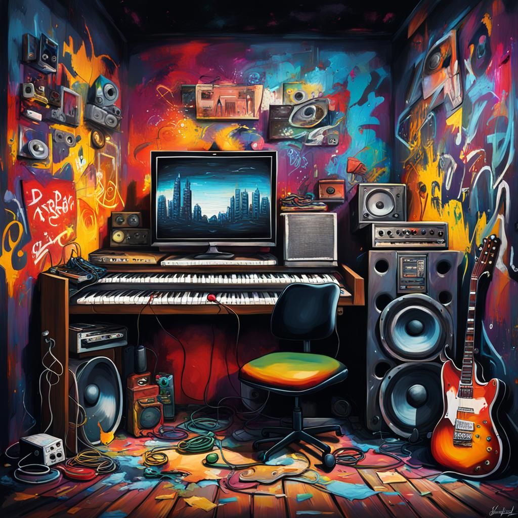 Music homestudio, Computer Screen on a Dark painted Wall, Ke...