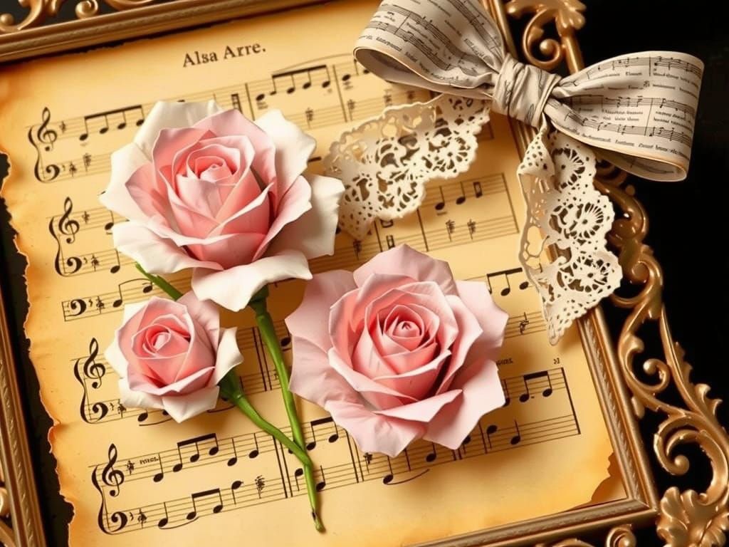 Old sheet music, paper roses, a newspaper ribbon cut like lace, a rococo filigree frame: a vintage, romantic, antique, sentimental and emotional effect.