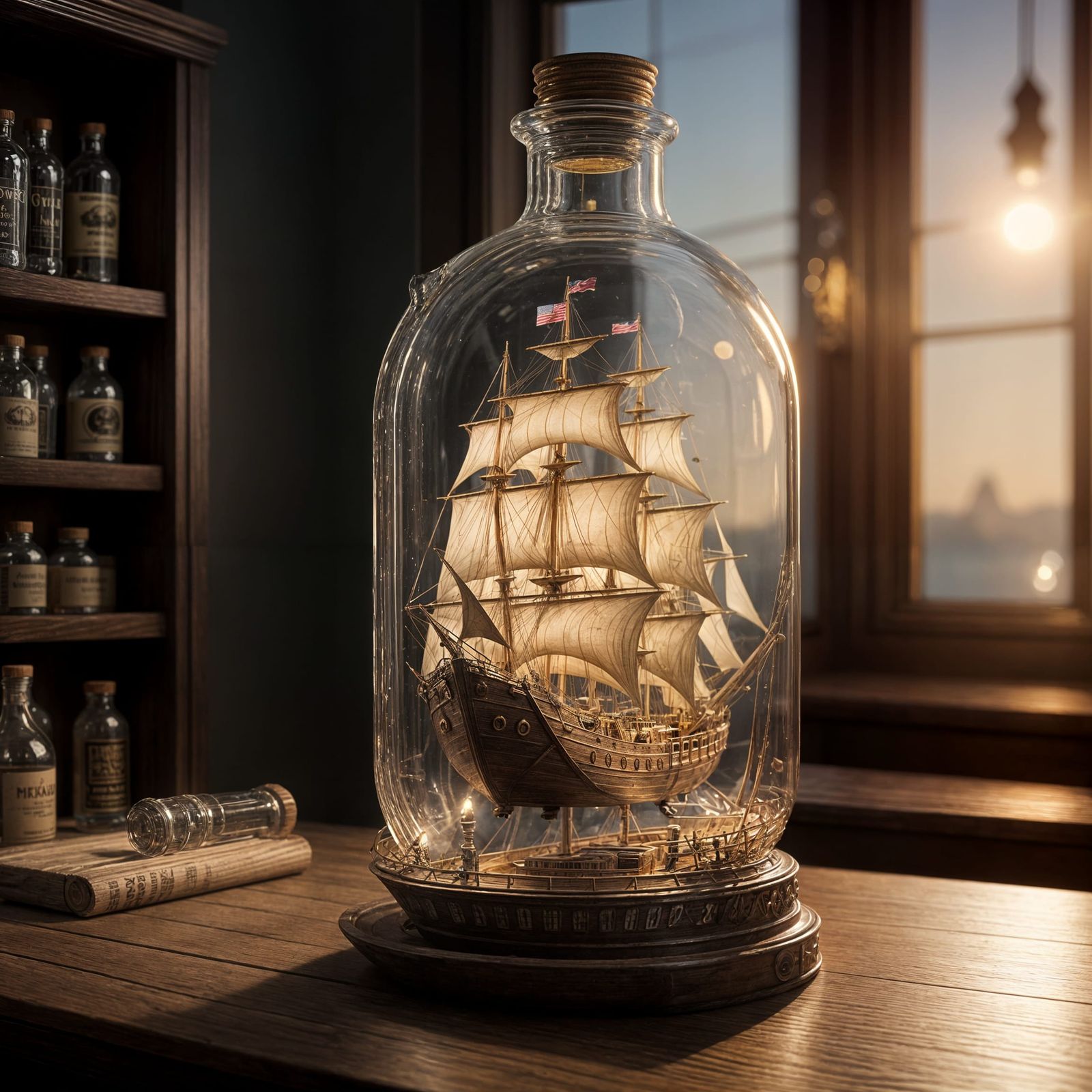 Mesmerizing realistic model ship in a bottle, cinematic lighting, highly detailed   by @Paul Snipes