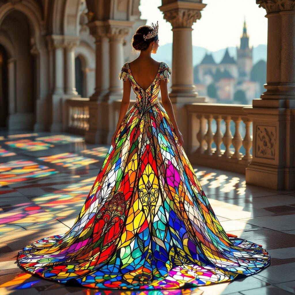 A regal queen stands on a balcony overlooking her kingdom, adorned in an elaborate gown made entirely of intricately patterned stained glass...