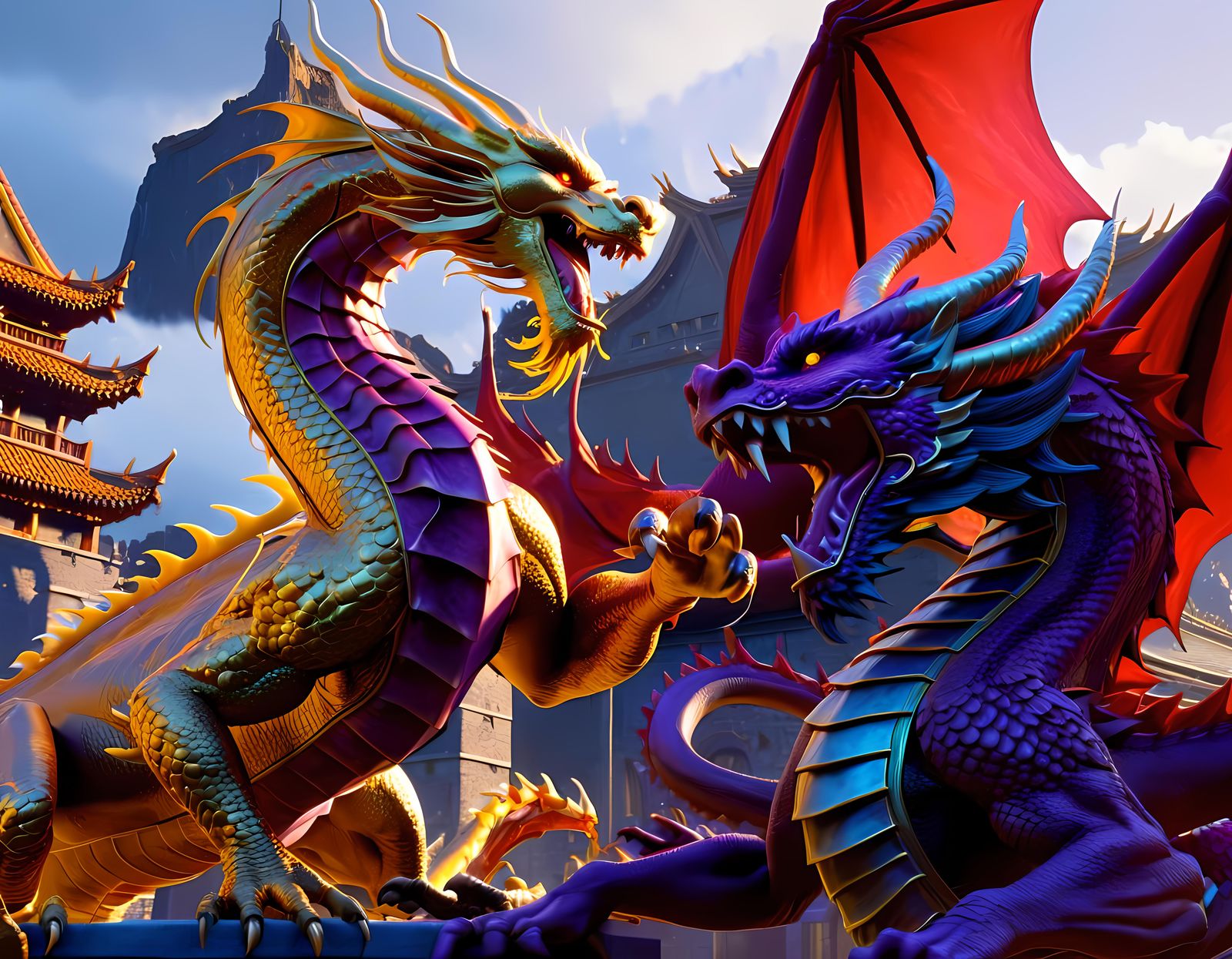 Chinese Golden Dragon fighting  
 a European Red Dragon in t...