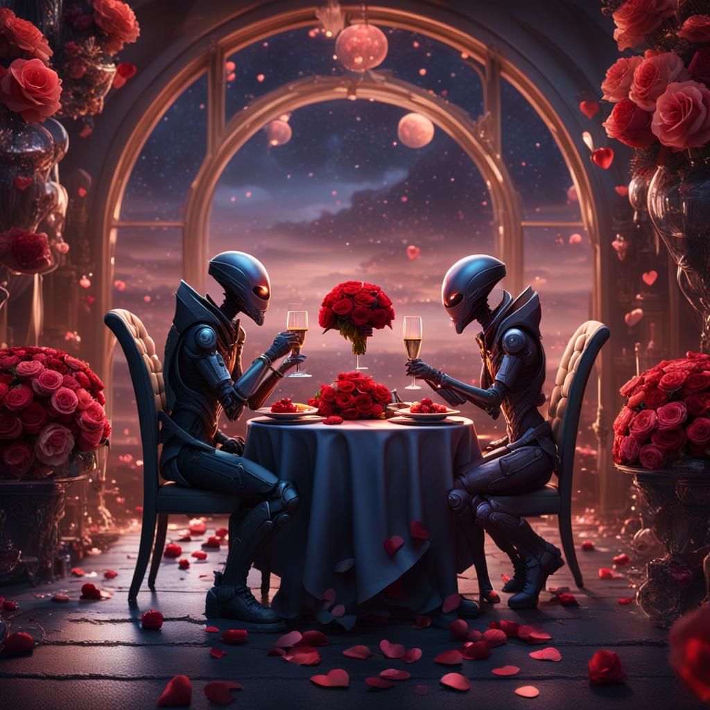 romantic dinner, two lovers with chocolate, roses and champa...