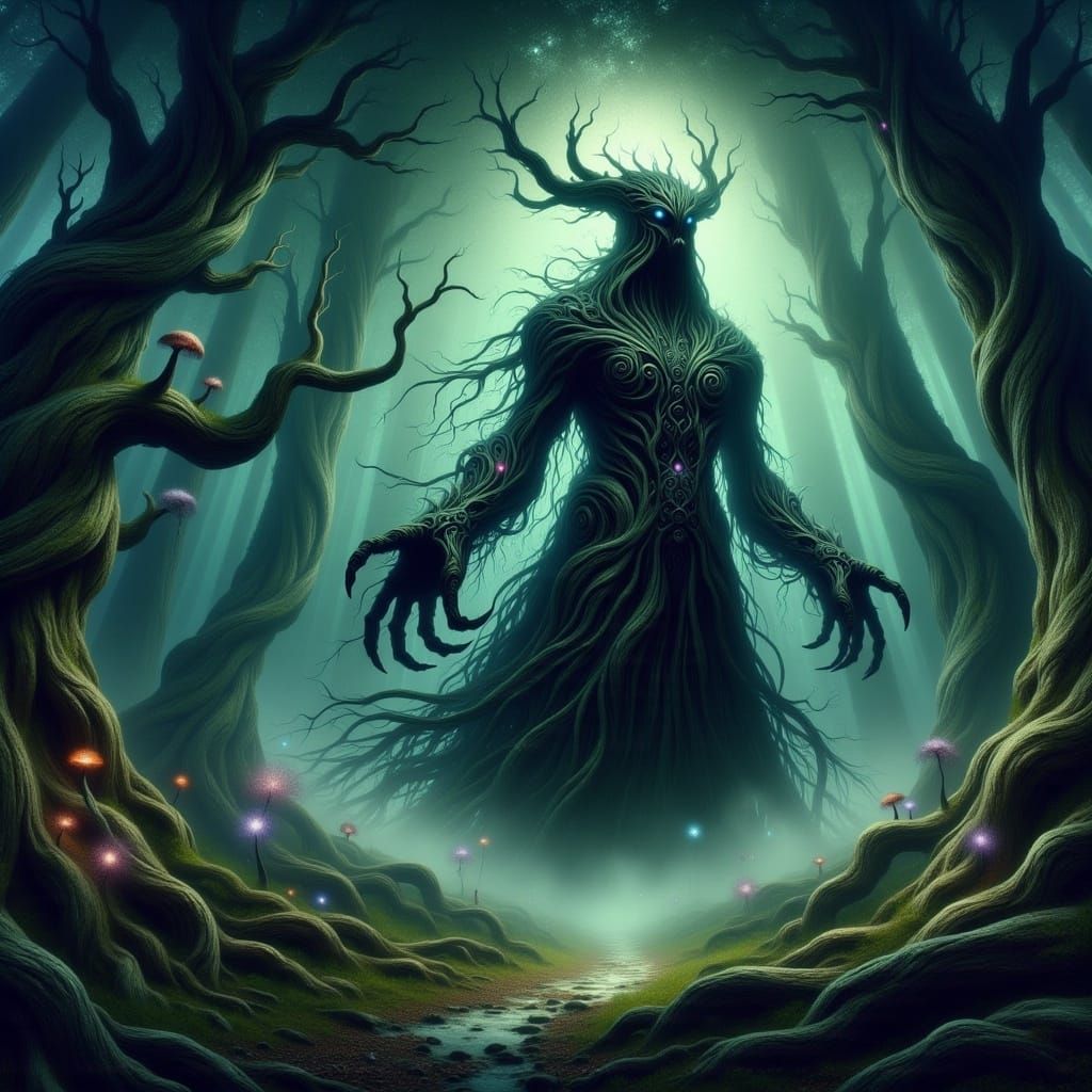 <lora:-Arbor Vitae-:1.0> a dark cloaked mysterious figure dwelling in a fantasy forest