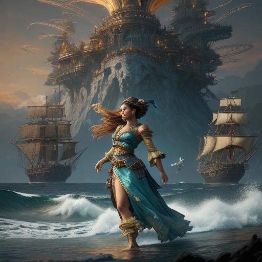 A handsome pirate weathered from battle dances with a beautiful sea maiden on the deck on a huge pirate ship 