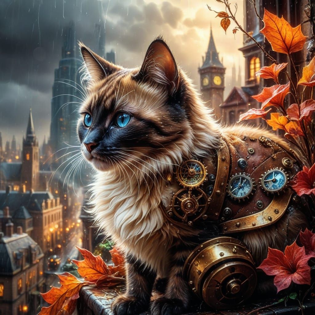 Clockwork Siamese Kitten & Steampunk City 🐈‍⬛🌧️