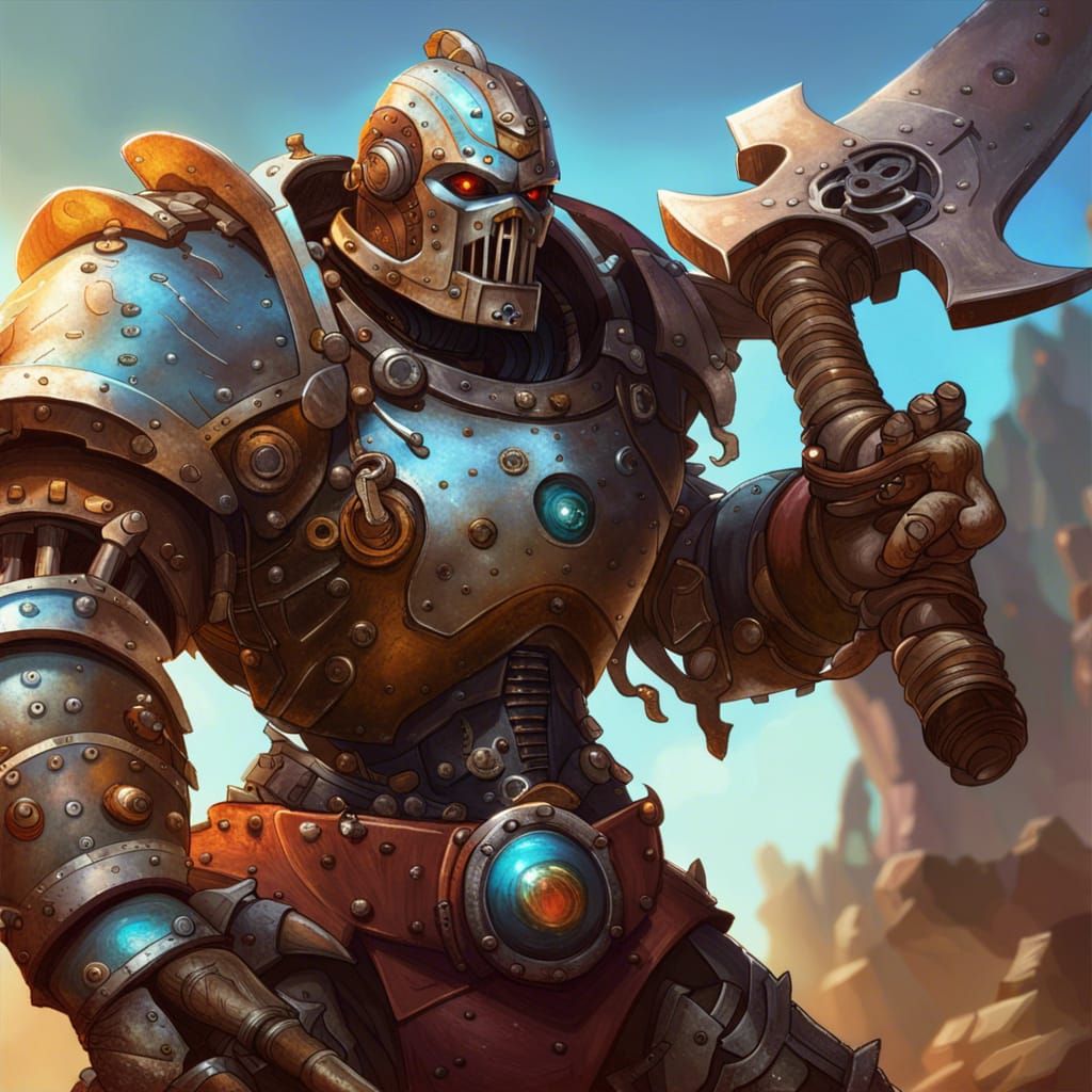 robot, warforged, Barbarian, with 2 handed axe, D&D, steampu...