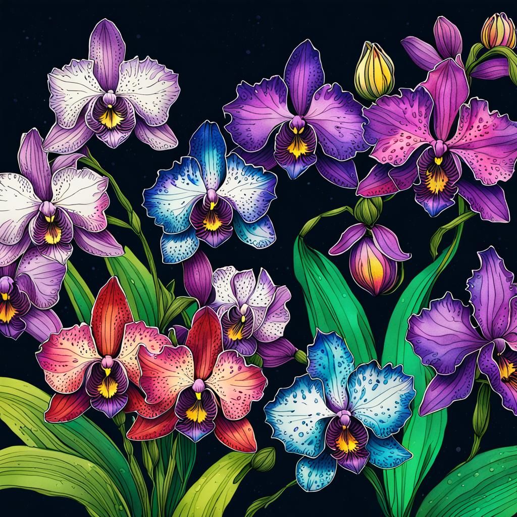 Orchids in Ink - AI Generated Artwork - NightCafe Creator