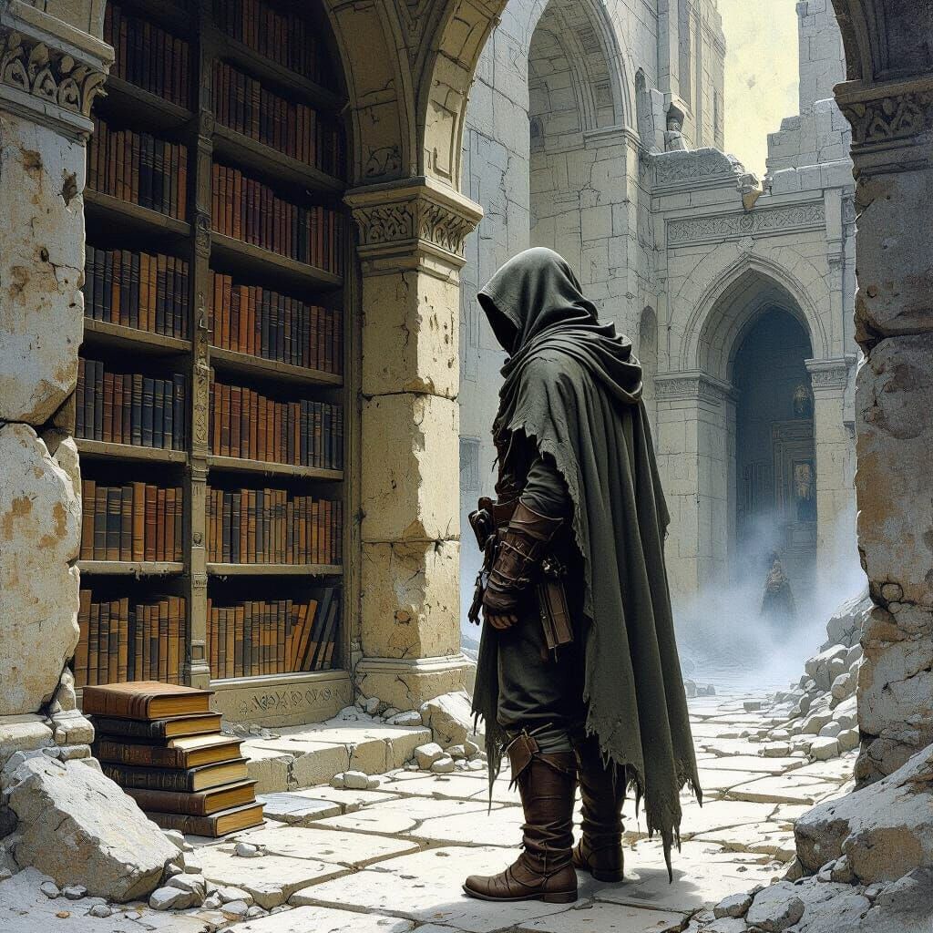 A lone wanderer stumbles upon an ancient library hidden deep within a forgotten
