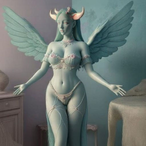 Red cow-angel with Mexican dots in Background in hues of blues/greens and pink ivory patterned wallpaper, 3D rendering, soft lighting, gentl...