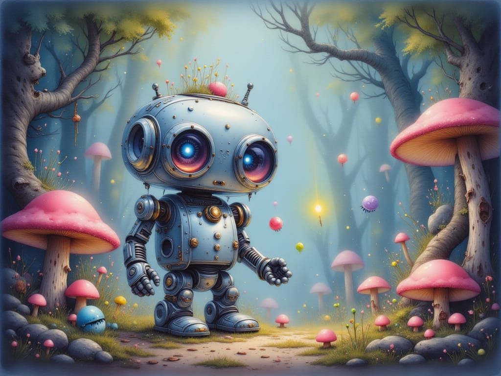 <lora:whimsical minions:1.0> Surrealism. A whimsical robot juggling glowing microbes in an enchanted forest clearing. The robot is made of p...