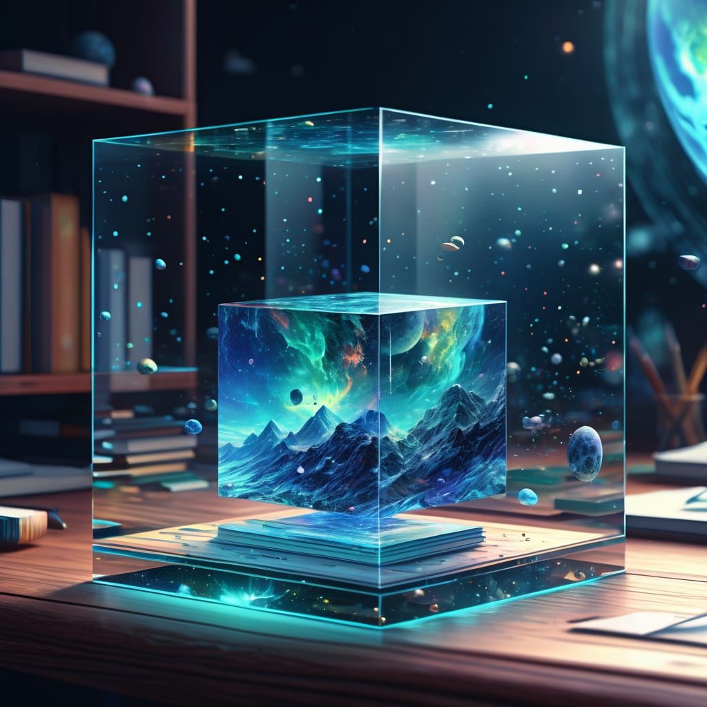 Glass cube, filled with many vivid, detailed, dimensions. Floating on a desk library in an alien world ...  by @Dorian