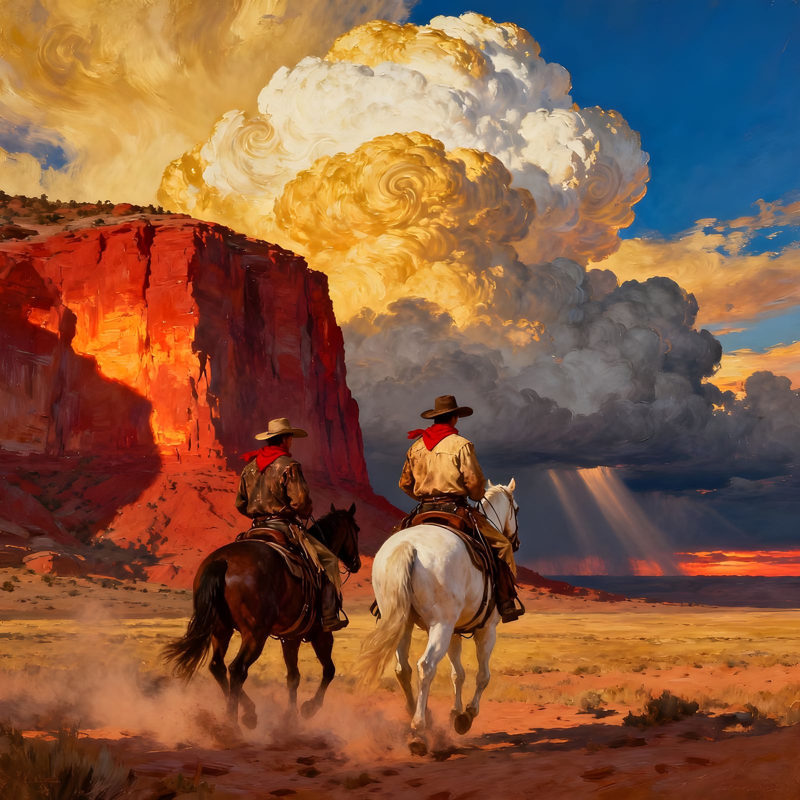 Two cowboys ride side by side across a vast desert plain at golden hour  by @PhilippeP 