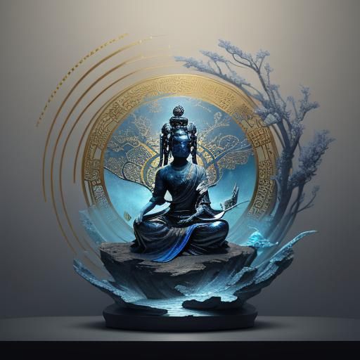Mystical Oriental Sculptures in Ink Splash Art Style