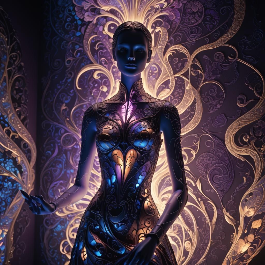 A lamp shaped like a mannequin glowing in a dark room