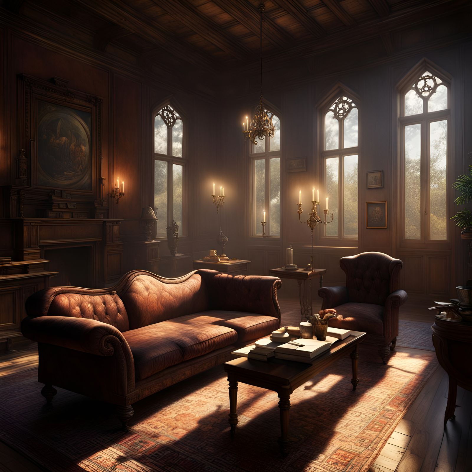 Old vetered large living room with beems of light enter through the ...