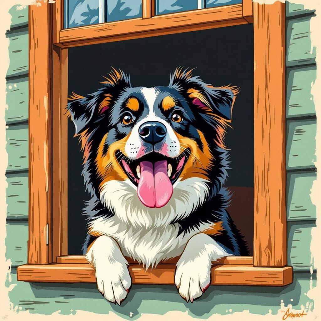 Joyful Russian Dog with Tongue Out, Beatrix Potter Style