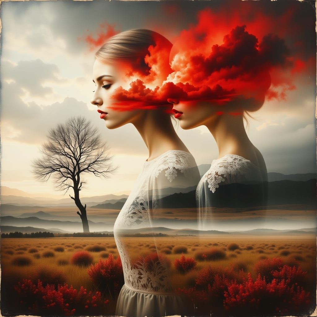 Ethereal Woman Beside Bare Tree in Surreal Landscape