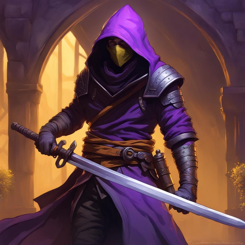 hooded and masked man rogue from d&d 5e with an katana
