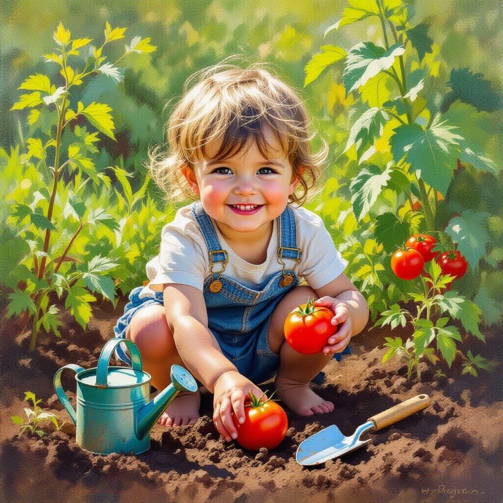 A young child, covered in dirt, beams with pride as they present a freshly picked, slightly lopsided ...  by @lola besferder