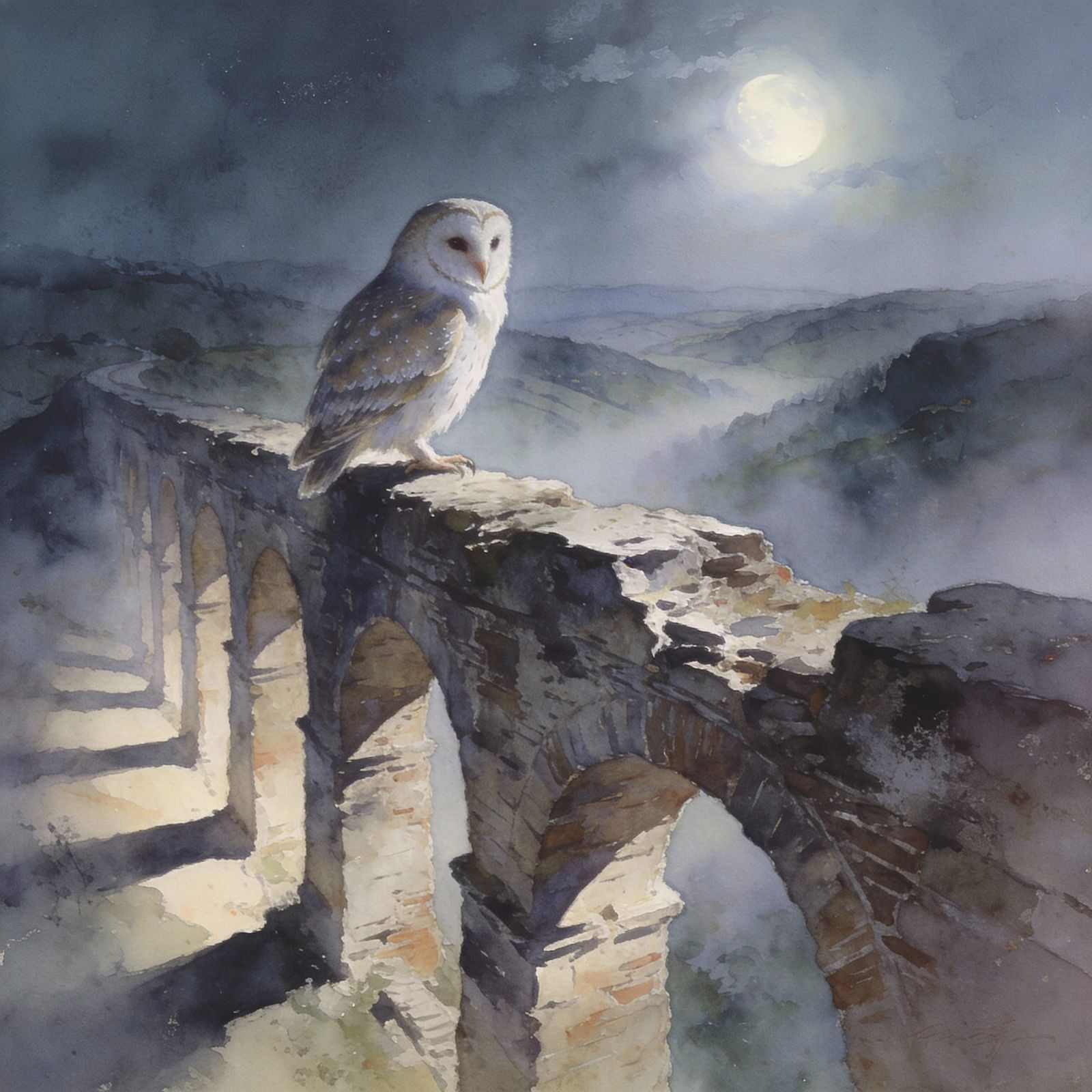 Solitary Owl on Ancient Aqueduct Under Moonlight