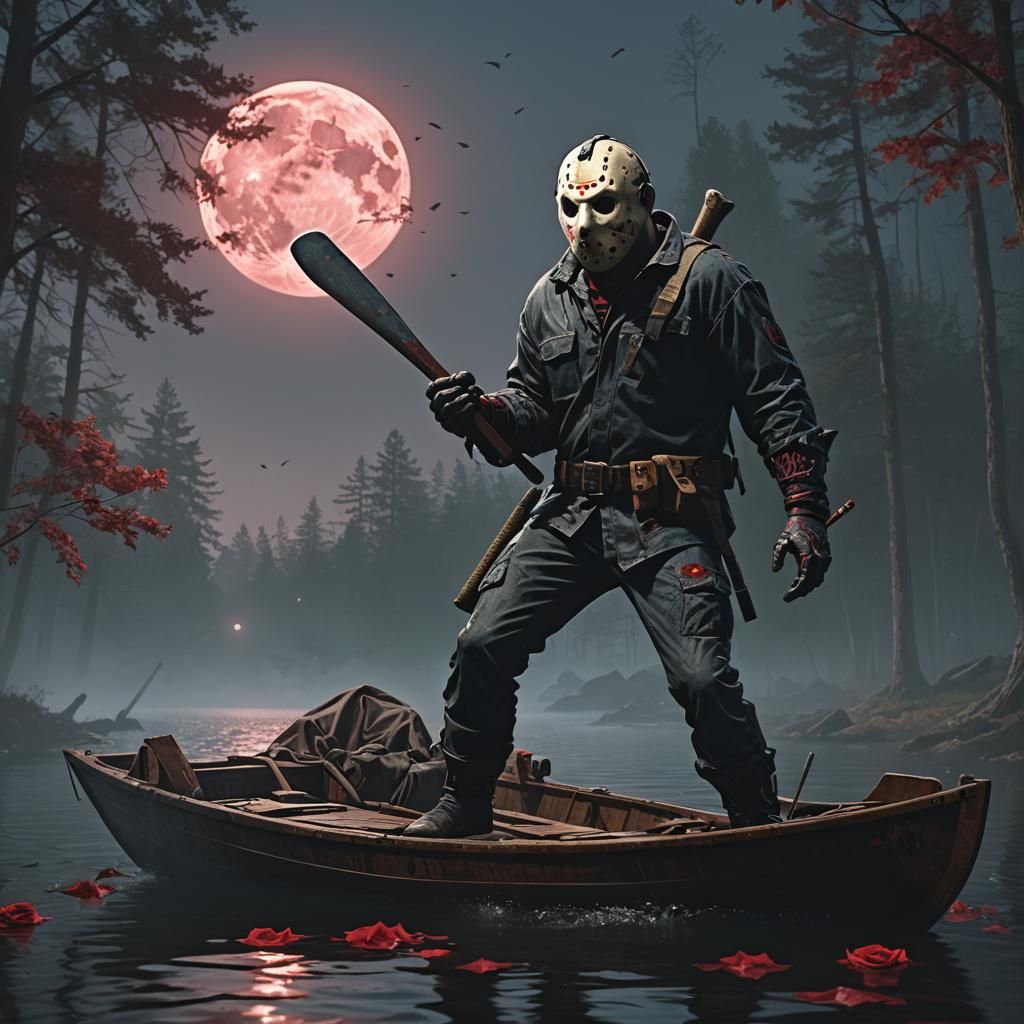 Jason Voorhees sailing on On Camp Crystal Lake - AI Generated Artwork ...