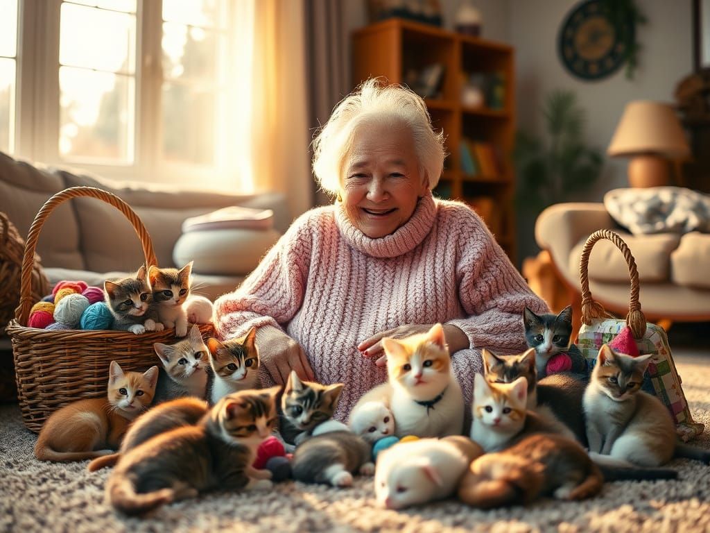 portrait of smiling sweet granny in knit dress surrounded by beautiful cats kittens on floor with wicker basket full of ...
