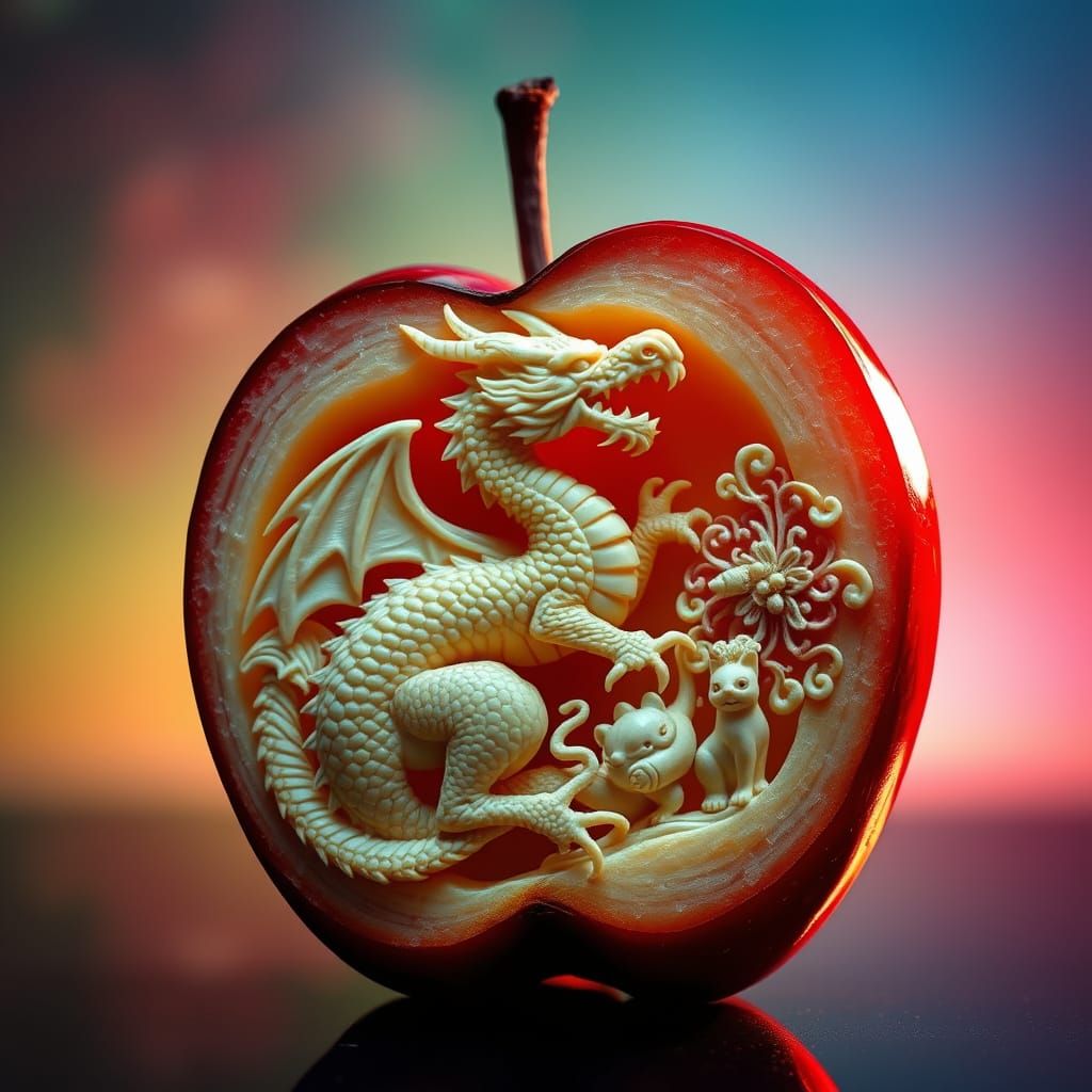 inside a red apple cut in half, a figure of a dragon is carved out of the pulp, next to the figure, a ...  by @Likra