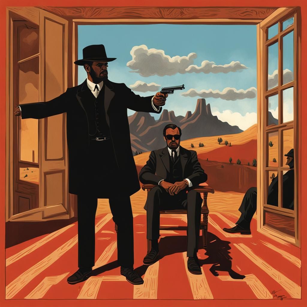 A scene from a Tarantino's "Django" movie drawn in Rene Magr...
