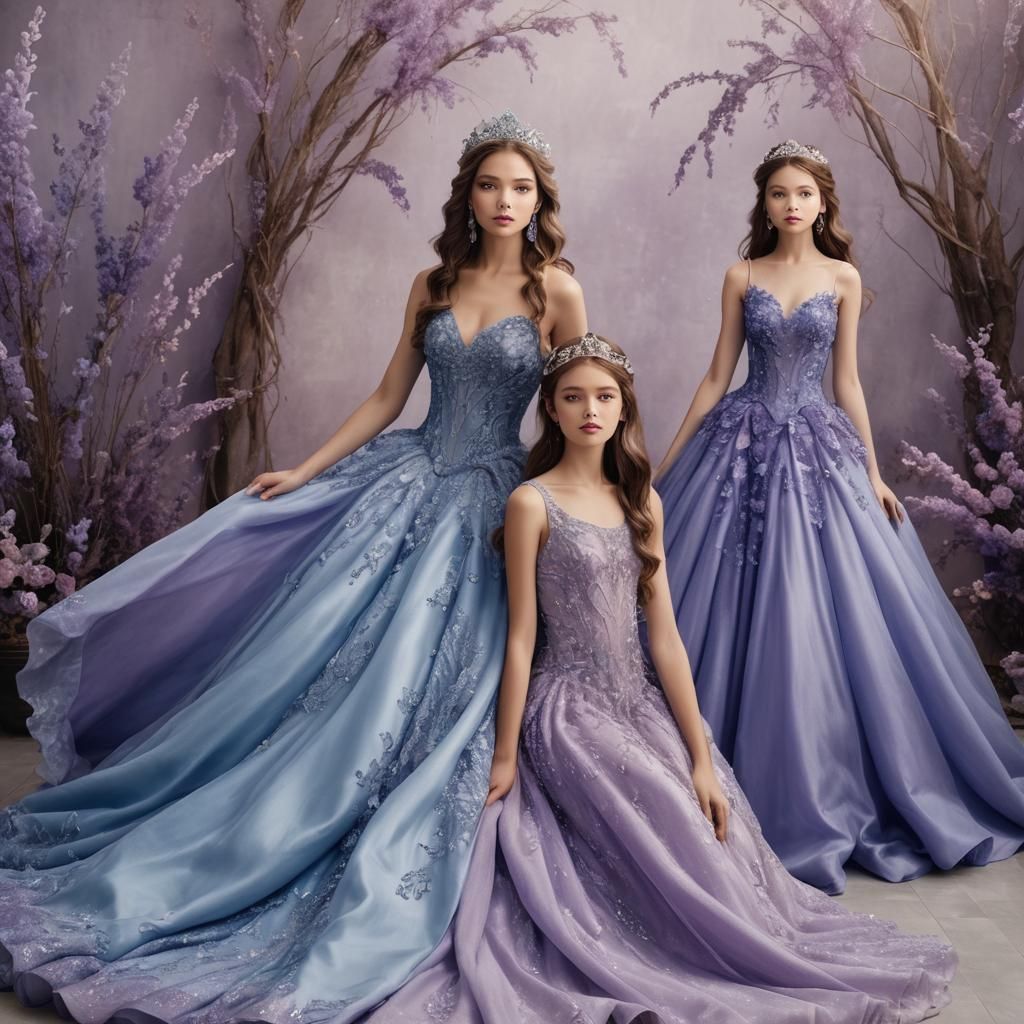 beautiful girl in a blue fantasy ball gown next to a beautif...