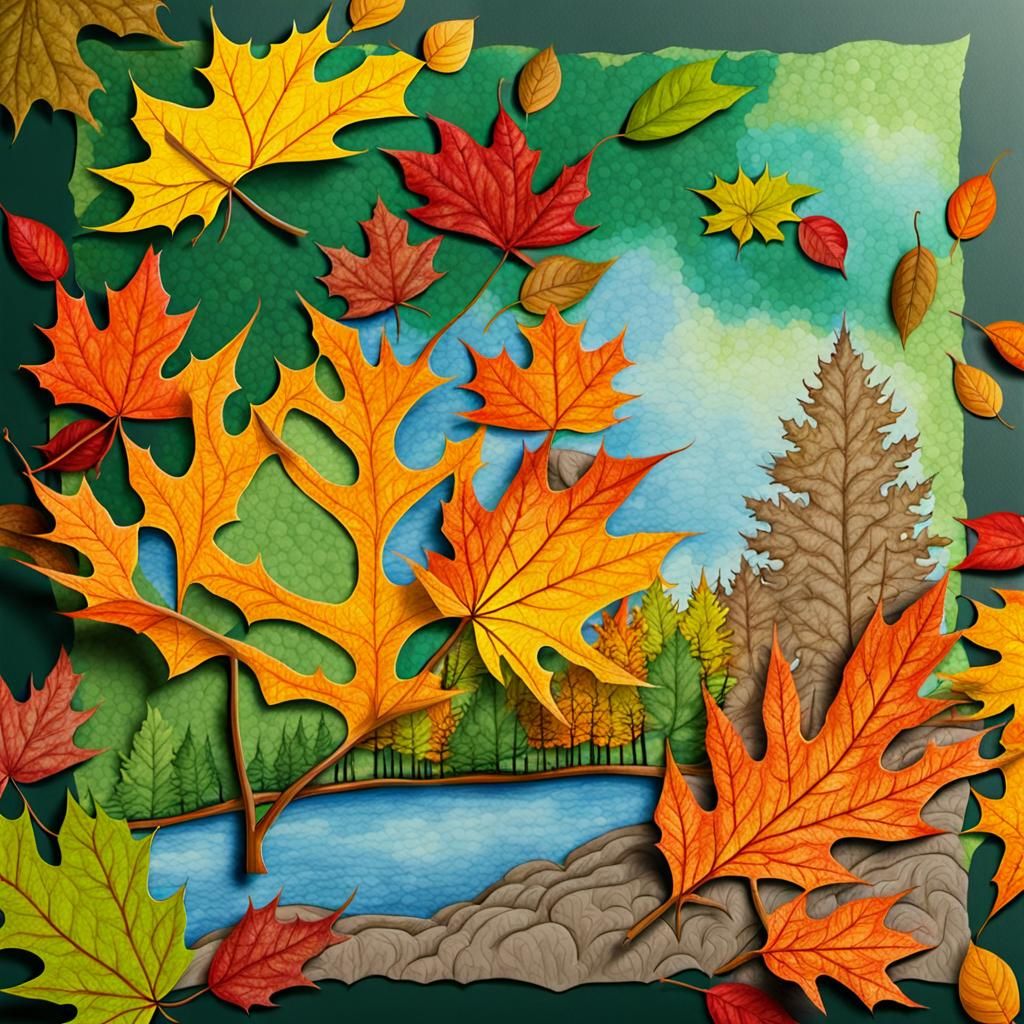 draw autumn landscape and big leafs