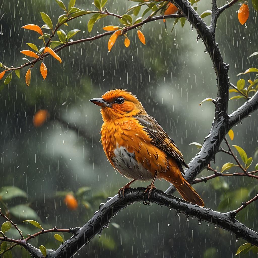 Orange bird sitting on a tree in the rain  by @Karlsson
