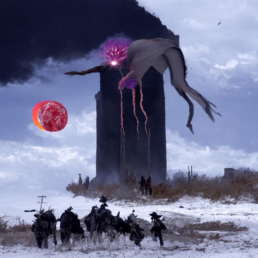 Eldritch Warlocks casting spells by a monolith in a wastelan...