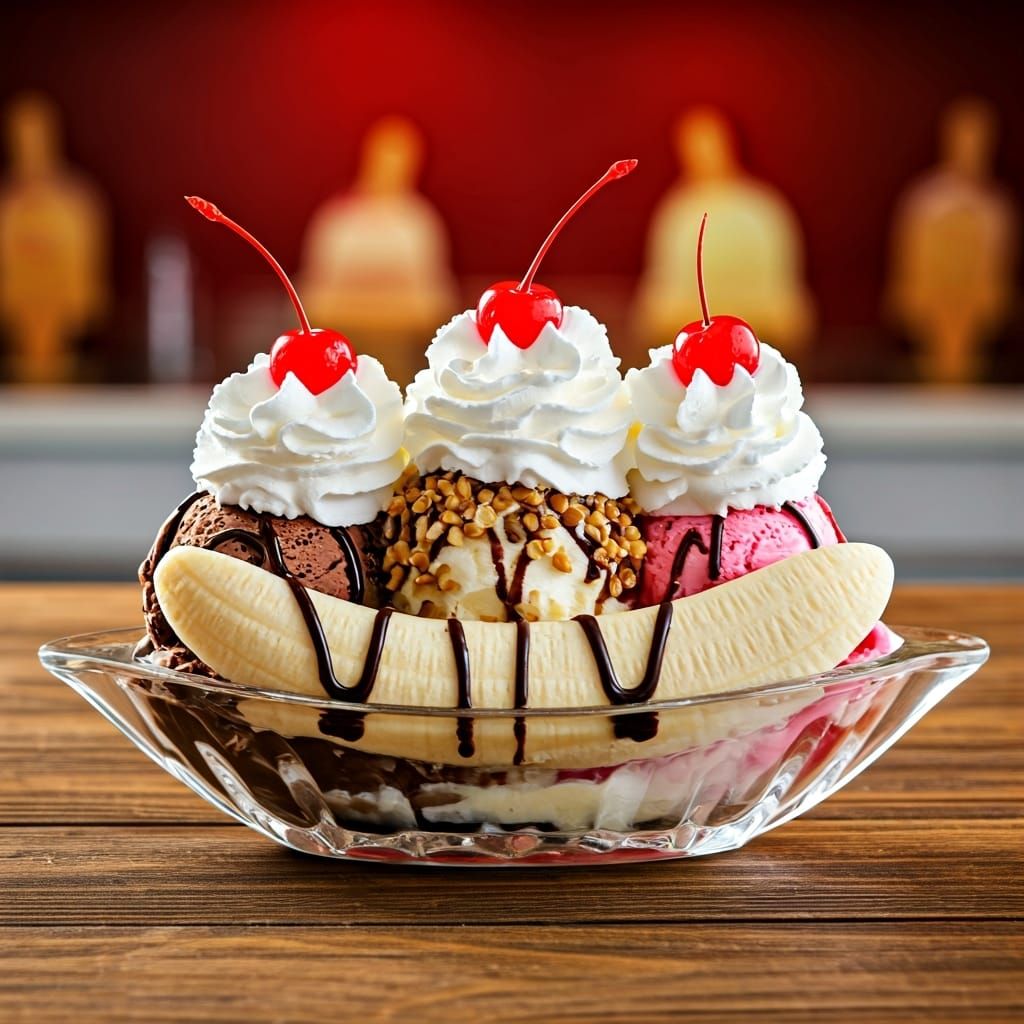 a delicious looking banana split with a scoop of chocolate, vanilla, and strawberry ice-cream with whipped-cream, ...  by @Dantonio