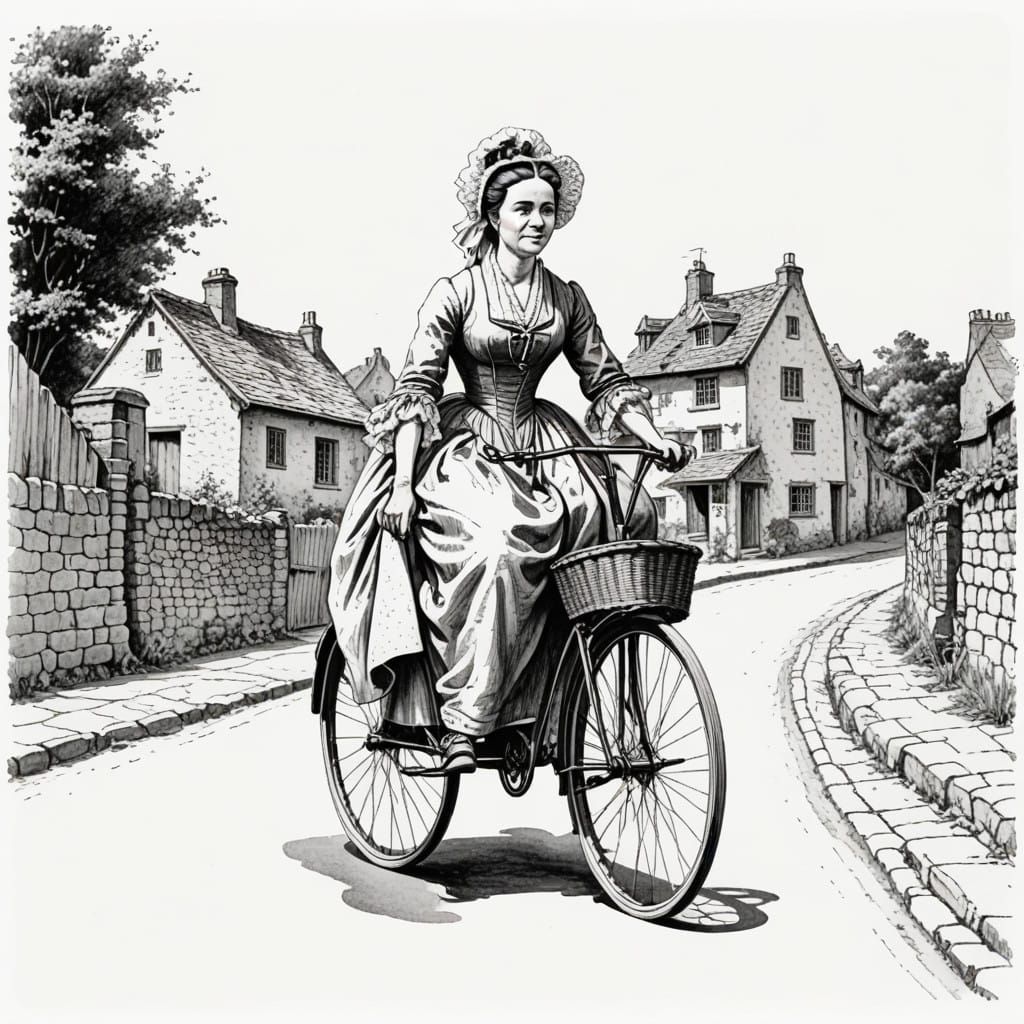 Black and white ink drawing of a 18th century woman RIDING a BICYCLE, down a village lane. She is wearing ...  by @GrizzMum