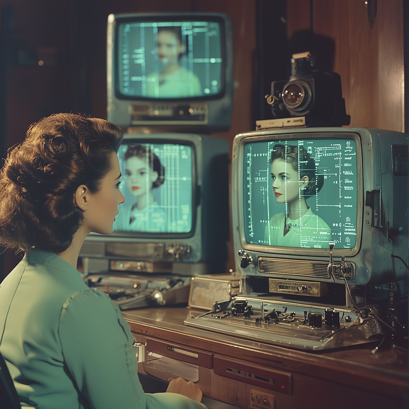 1950s Influencer in Front of Her Streaming Setup